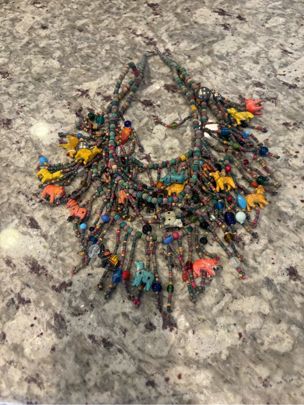 Boho Multicolor Beaded Wooden Animals( Elephants, horses, tigers)Fringe Necklace